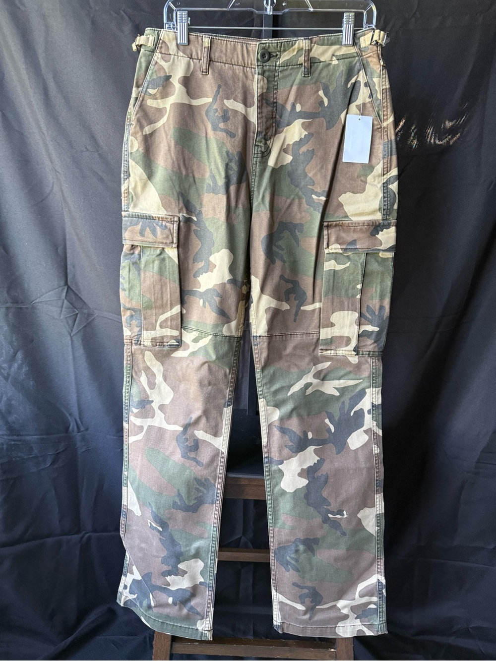 Good American Camouflage Straight Leg Cargo Jeans in Green and Brown